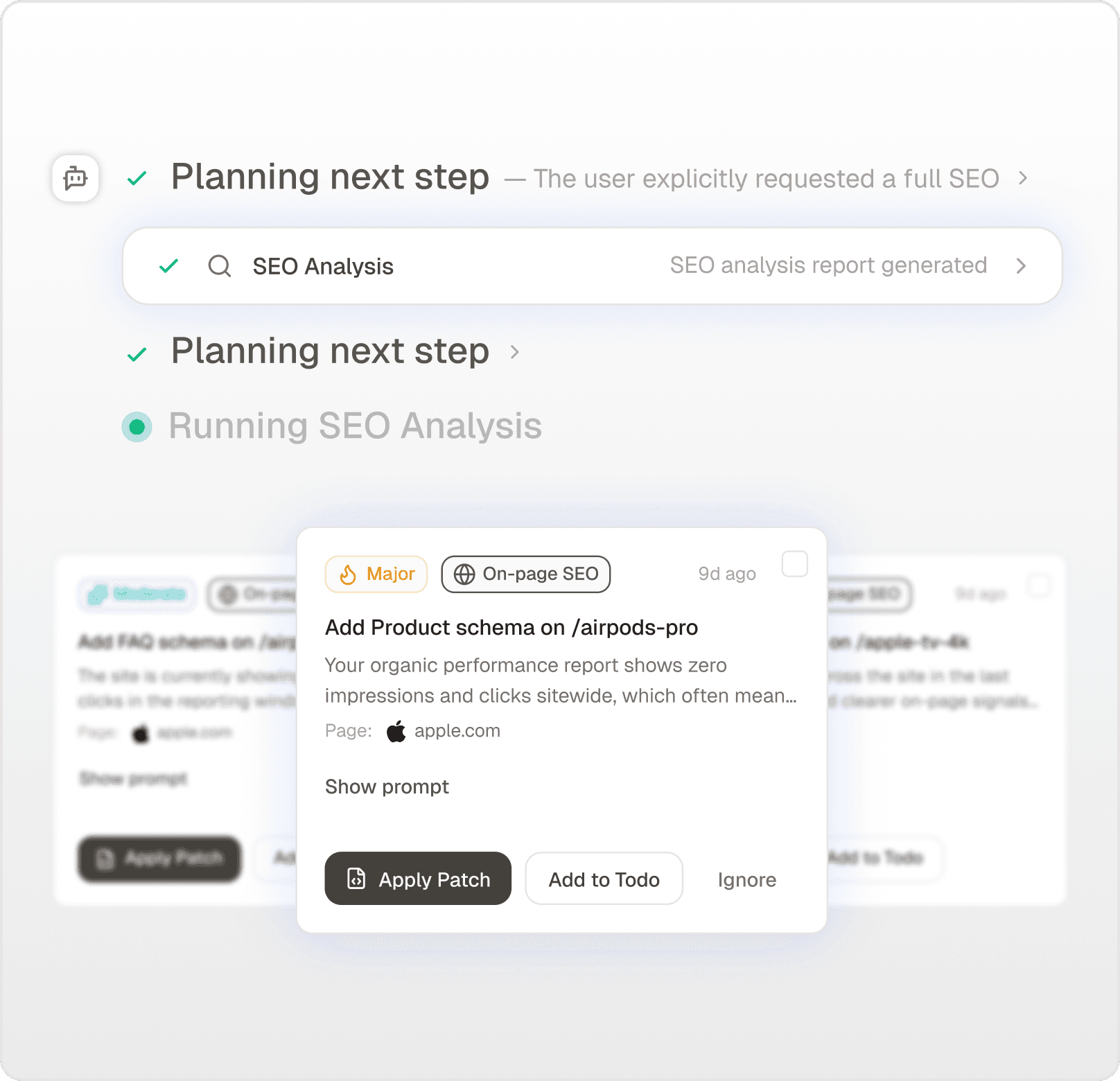 Topify AI realtime analysis progress and generated optimization action